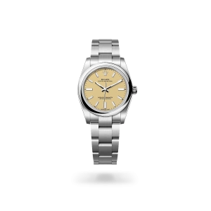 Rolex Oyster Perpetual 34 in Oystersteel with a beige dial, domed  bezel, and Oyster bracelet - Gandelman