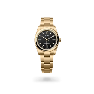Rolex Oyster Perpetual 34 in yellow gold with a Black dial, domed  bezel, and Oyster bracelet -  Gandelman