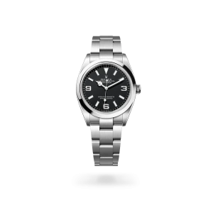 Rolex Explorer 36 in Oystersteel with a black dial, smooth bezel, and Oyster bracelet - Gandelman