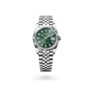 Rolex Datejust 36 in Oystersteel and white gold with a mint green dial, fluted bezel, and Jubilee bracelet - Gandelman