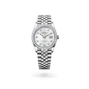 Rolex Datejust 36 in Oystersteel, white gold and diamonds with a white mother-of-pearl dial with diamonds, bezel with diamonds, and Jubilee bracelet - Gandelman