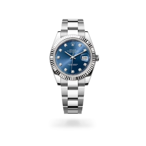 Rolex Datejust 41 in Oystersteel and white gold with a Bright blue set with diamonds dial, fluted bezel, Oyster bracelet