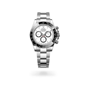 Rolex Cosmograph Daytona in Oystersteel with a white, black counter rings dial, black monobloc Cerachrom bezel, and Oyster bracelet - Gandelman