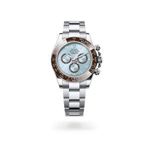 Rolex Cosmograph Daytona in platinum with an ice blue dial, chestnut brown monobloc Cerachrom bezel, and Oyster bracelet - Gandelman