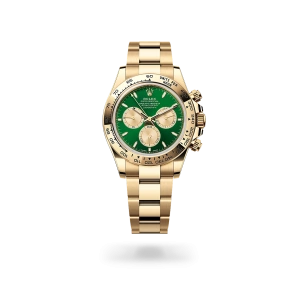 Rolex Cosmograph Daytona in yellow gold with bright green and golden dial, fixed bezel, and Oyster bracelet - Gandelman