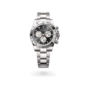 Rolex Cosmograph Daytona in white gold with black and steel dial, fixed bezel, and Oyster bracelet - Gandelman