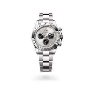 Rolex Cosmograph Daytona in white gold with black and steel dial, fixed bezel, and Oyster bracelet - Gandelman