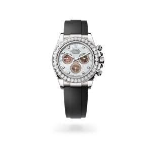 Rolex Cosmograph Daytona in white gold and diamonds with white and black mother-of-pearl dial, bezel set with diamonds, and Oysterflex bracelet - Gandelman