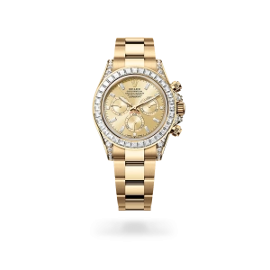 Rolex Cosmograph Daytona in yellow gold and diamonds with golden dial, bezel set with diamonds, and Oyster bracelet - Gandelman