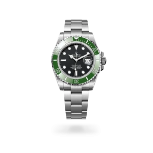 Rolex Submariner Date in Oystersteel with a black dial, green ceramic and platinum bezel, and Oyster bracelet - Gandelman