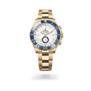 Rolex Yacht-Master II in yellow gold with a White dial, blue Cerachrom insert in ceramic bezel, and Oyster bracelet - Gandelman