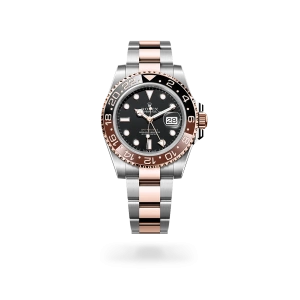 Rolex GMT-Master II in Oystersteel and Everose gold with a black dial, bidirectional rotatable 24-hour graduated  bezel, and Oyster bracelet - Gandelman