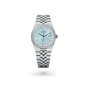 Rolex Land-Dweller 36 in platinum and diamonds with an Ice blue dial, bezel set with diamonds, and flat Jubilee bracelet - Gandelman