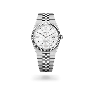 Rolex Land-Dweller 40 in Oystersteel and white gold with an Intense white dial, fluted bezel, and flat Jubilee bracelet - Gandelman
