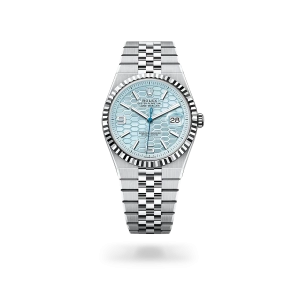 Rolex Land-Dweller 40 in Platinum with an Ice blue dial, fluted bezel, and flat Jubilee bracelet - Gandelman