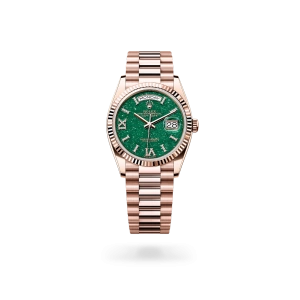 Rolex Day-Date 36 in Everose gold, Green aventurine set with diamonds dial, fluted bezel, and President bracelet - Gandelman