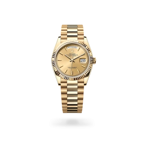 Rolex Day-Date 36 in yellow gold with a champagne-colour dial, fluted bezel, and President bracelet - Gandelman