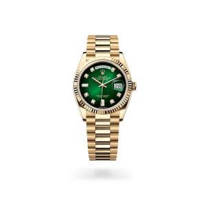 Rolex Day-Date 36 in yellow gold, Green ombré set with diamonds dial, fluted bezel, and President bracelet - Gandelman