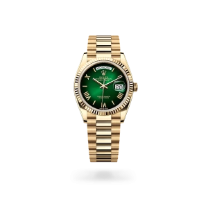 Rolex Day-Date 36 in yellow gold, Green ombré dial, fluted bezel, and President bracelet - Gandelman