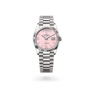 Rolex Day-Date 36 in white gold, Pink opal set with diamonds dial, fluted bezel, and President bracelet - Gandelman