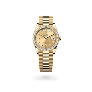 Rolex Day-Date 36 in yellow gold  and diamonds, Champagne-colour set with diamonds dial, fluted bezel, and President bracelet - Gandelman