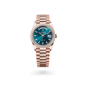 Rolex Day-Date 36 in Everose gold and diamonds, blue-green dial with diamonds, bezel with diamonds, and President bracelet - Gandelman