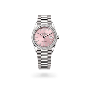 Rolex Day-Date 36 in white gold and diamonds, pink dial with diamonds, bezel with diamonds, and President bracelet - Gandelman
