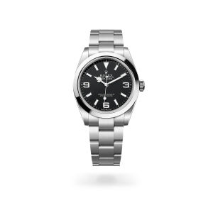 Rolex Explorer 40 in Oystersteel with a black dial, smooth bezel, and Oyster bracelet - Gandelman