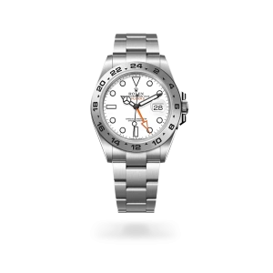 Rolex Explorer II in Oystersteel with a white dial, fixed bezel, and Oystersteel bracelet - Gandelman