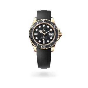 Rolex Yacht-Master 42 in yellow gold with a black dial, matt black Cerachrom insert in ceramic bezel, and Oysterflex bracelet -  Gandelman