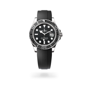 Rolex Yacht-Master 42 in white gold with a black dial, matt black Cerachrom insert in ceramic bezel, and Oysterflex bracelet - Gandelman
