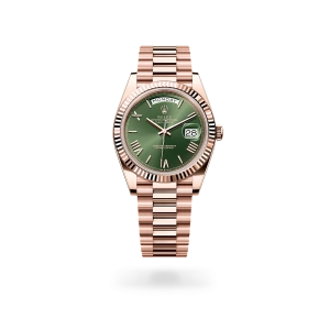 Rolex Day-Date 40 in Everose gold with a Olive green dial, fluted bezel, and President bracelet - Gandelman