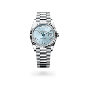 Rolex Day-Date 40 in platinum with an ice-blue dial, fluted bezel, and President bracelet - Gandelman
