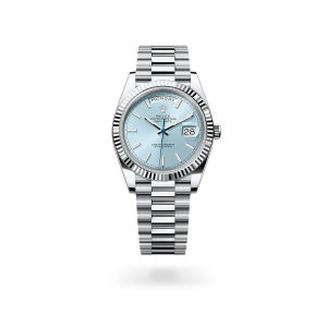 Rolex Day-Date 40 in platinum with an ice blue dial, fluted bezel, and President bracelet - Gandelman