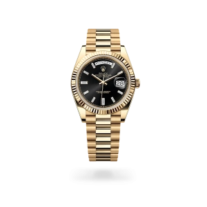 Rolex Day-Date 40 in yellow gold with a Bright black set with diamonds dial, fluted bezel, and President bracelet - Gandelman