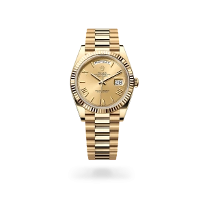Rolex Day-Date 40 in yellow gold with a Champagne-colour dial, fluted bezel, and President bracelet - Gandelman