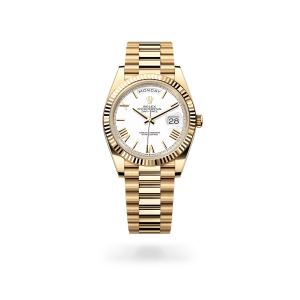 Rolex Day-Date 40 in yellow gold with a white dial, fluted bezel, and President bracelet - Gandelman