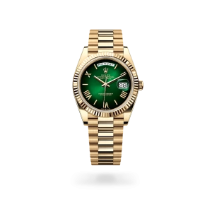 Rolex Day-Date 40 in yellow gold with a green ombré dial, fluted bezel, and President bracelet - Gandelman
