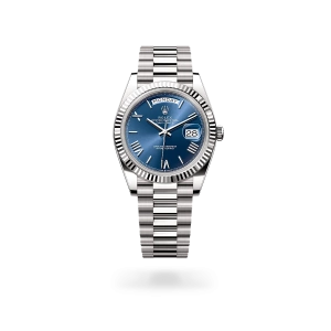 Rolex Day-Date 40 in white gold with a Bright blue dial, fluted bezel, and President bracelet - Gandelman