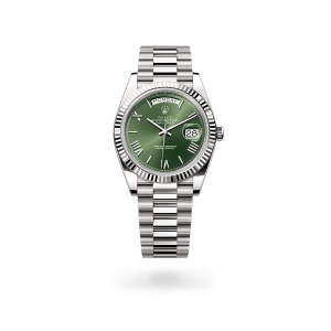 Rolex Day-Date 40 in white gold with an olive green dial, fluted bezel, and President bracelet - Gandelman