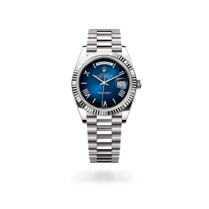 Rolex Day-Date 40 in white gold with a Blue ombré dial, fluted bezel, and President bracelet - Gandelman
