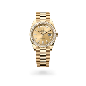 Rolex Day-Date 40 in yellow gold and diamonds, with a champagne-colour dial with diamonds, bezel with diamonds, and President bracelet Gandelman