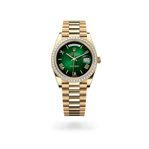 Rolex Day-Date 40 in yellow gold and diamonds with a Green ombré dial, Diamond-set bezel and President bracelet - Gandelman