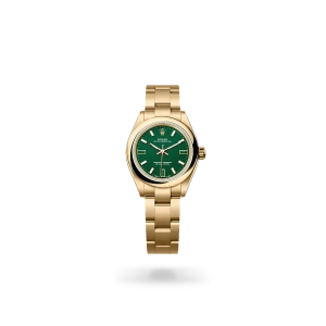 Rolex Oyster Perpetual 28 in yellow gold with a Green stone dial, domed  bezel, and Oyster bracelet -  Gandelman