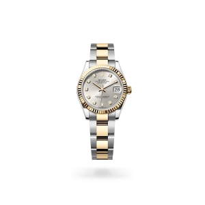 Rolex Datejust 31 in Oystersteel and yellow gold with a silver dial with diamonds, fluted bezel, and Oyster bracelet - Gandelman