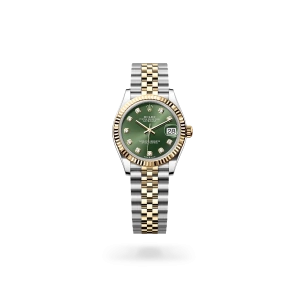 Rolex Datejust 31 in Oystersteel and yellow gold with a Olive green set with diamonds dial, fluted bezel, Jubilee bracelet - Gandelman