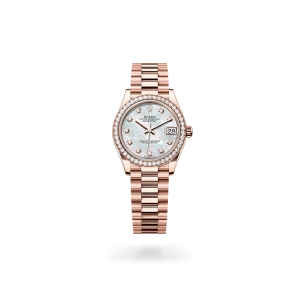 Rolex Datejust 31 in Everose gold and diamonds with a White mother-of-pearl set with diamonds dial, Diamond-set bezel, President bracelet - Gandelman