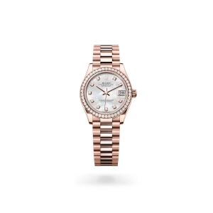 Rolex Datejust 31 in Everose gold and diamonds with a white mother-of-pearl dial with diamonds, bezel with diamonds, and President bracelet - Gandelman
