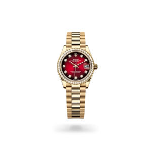 Rolex Datejust 31 in yellow gold and diamonds with a Red ombré dial with diamonds, bezel with diamonds, and President bracelet - Gandelman