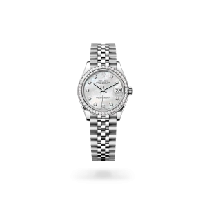 Rolex Datejust 31 in Oystersteel, white gold and diamonds with a white mother-of-pearl dial with diamonds, bezel with diamonds, and Jubilee bracelet - Gandelman